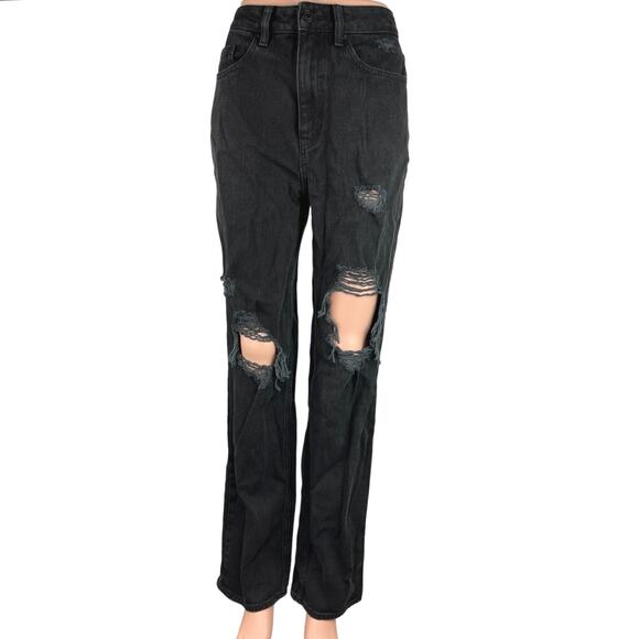 Pacsun Black 100% Cotton Non Stretch Distressed Straight Leg Jeans Size 26 - Picture 1 of 5